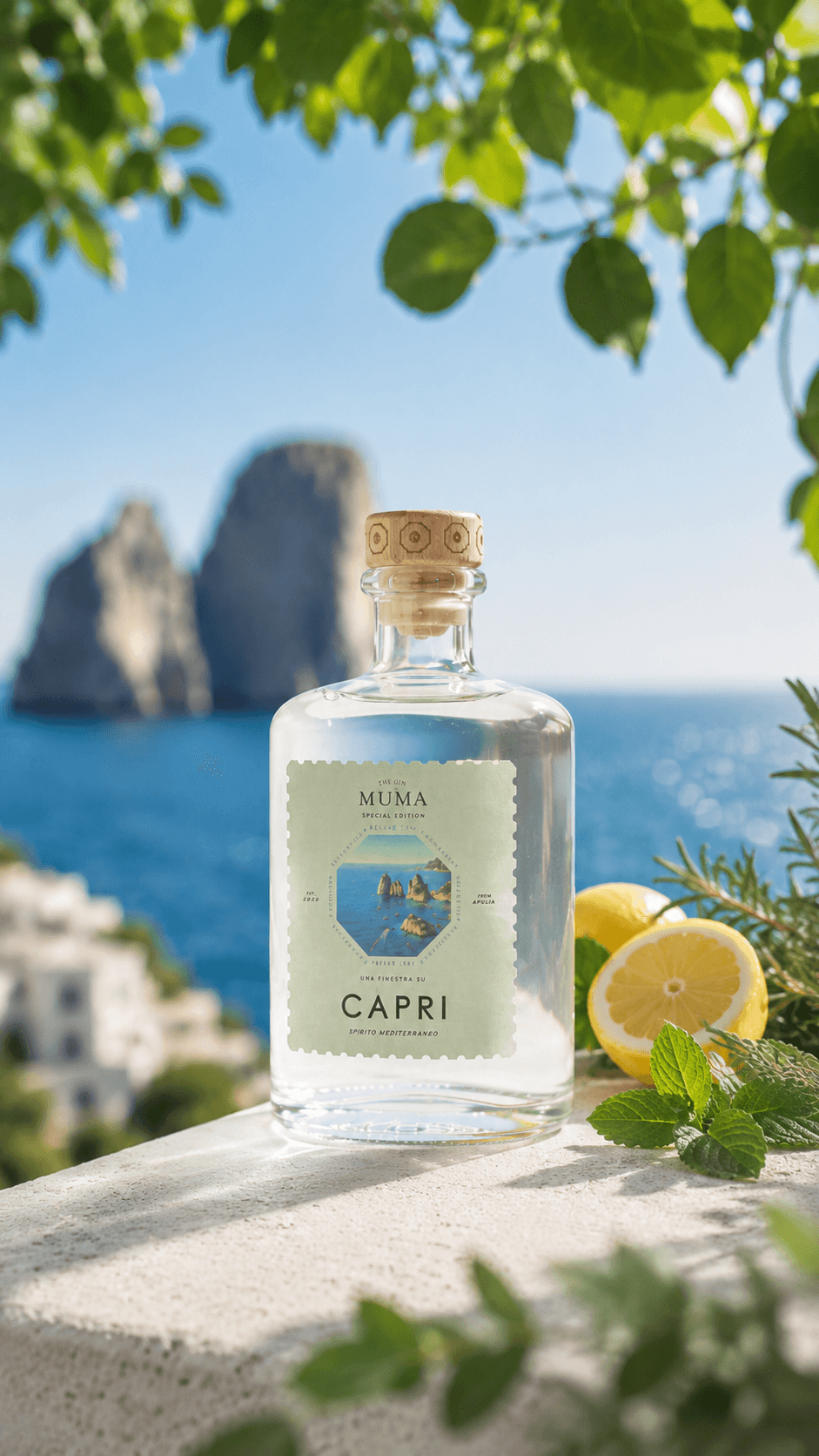 MUMA Capri su un muretto affacciato sui Faraglioni